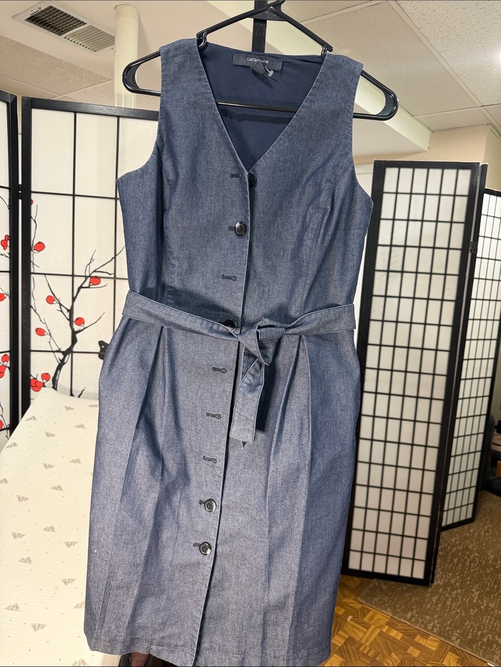 Sleeveless Button-Front Midi Dress with Self-Tie Belt in Dark Blue